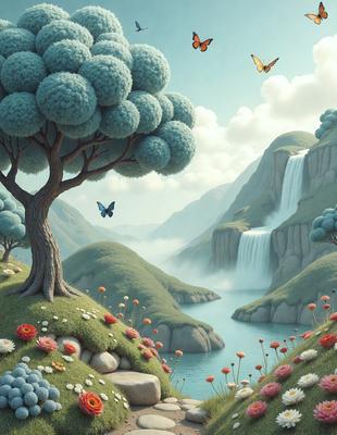 Primary subject: A tree with a blue flower on it, surrounded by a forest of trees.

Setting/background: A lush green forest with a waterfall in the background.

Visual style: Digital art.

Colors and mood: The image is colorful and has a whimsical, fantasy-like mood.